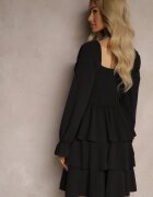 fashion Rochie Neagră cu croi evazat cu volane și mâneci bufante Semiella