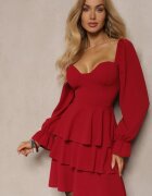 fashion Rochie Roșie cu croi evazat cu volane și mâneci bufante Semiella