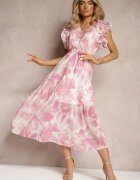 fashion Rochie Roz cu decolteu petrecut cu elastic și curea în talie cu volane Dimrine