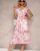 fashion Rochie Roz cu decolteu petrecut cu elastic și curea în talie cu volane Dimrine