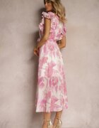 fashion Rochie Roz cu decolteu petrecut cu elastic și curea în talie cu volane Dimrine