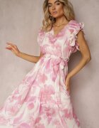 fashion Rochie Roz cu decolteu petrecut cu elastic și curea în talie cu volane Dimrine