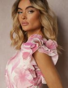 fashion Rochie Roz cu decolteu petrecut cu elastic și curea în talie cu volane Dimrine