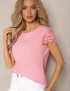 fashion Różowa Bluzka z Bawełny Ozdobiona Koronkowymi Wstawkami i Cekinami Trisenia