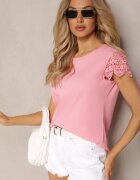 fashion Różowa Bluzka z Bawełny Ozdobiona Koronkowymi Wstawkami i Cekinami Trisenia