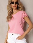 fashion Różowa Bluzka z Bawełny Ozdobiona Koronkowymi Wstawkami i Cekinami Trisenia