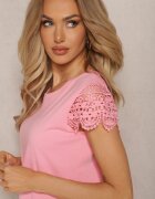 fashion Różowa Bluzka z Bawełny Ozdobiona Koronkowymi Wstawkami i Cekinami Trisenia