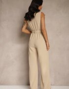 fashion Salopetă Bej cu Decolteu bărcuță nasturi și curea Galissela