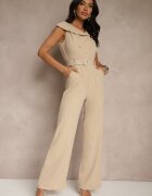 fashion Salopetă Bej cu Decolteu bărcuță nasturi și curea Galissela