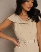 fashion Salopetă Bej cu Decolteu bărcuță nasturi și curea Galissela