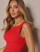 fashion Salopetă Roșie cu Croială Cambrată cu Volan Semiruna
