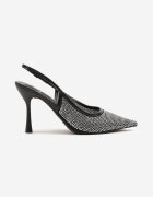 fashion Sandale Negre cu toc stiletto Slingback cu Vârf Ascuțit Împodobite cu Zirconii Zenvia