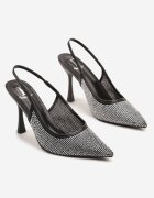 fashion Sandale Negre cu toc stiletto Slingback cu Vârf Ascuțit Împodobite cu Zirconii Zenvia