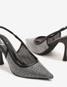 fashion Sandale Negre cu toc stiletto Slingback cu Vârf Ascuțit Împodobite cu Zirconii Zenvia