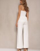 fashion Set Alb Top Bandeau Decorat cu nasturi și Pantaloni cu croi larg Palarienna