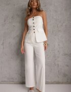 fashion Set Bej Top Bandeau Decorat cu Nasturi și Pantaloni cu Croială Largă Palarienna