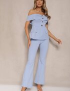 fashion Set De costum Albastru Bluză Tip spaniolă și Pantaloni Flare Silkio