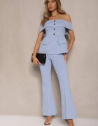 fashion Set De costum Albastru Bluză Tip spaniolă și Pantaloni Flare Silkio