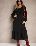 fashion station Rochie Neagră Decorată cu Volane cu Croială Evazată Alleira