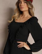fashion station Rochie Neagră Decorată cu Volane cu Croială Evazată Alleira