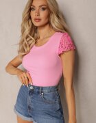 fashion Top Roz Reiat cu Aplicații de Dantelă Velsia