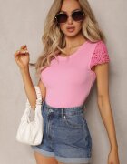 fashion Top Roz Reiat cu Aplicații de Dantelă Velsia