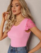 fashion Top Roz Reiat cu Aplicații de Dantelă Velsia