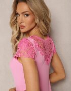 fashion Top Roz Reiat cu Aplicații de Dantelă Velsia