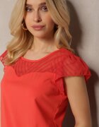 fashion Tricou Bluză Roșu Elegant din Bumbac cu Inserții Transparente Biopara