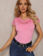 fashion Tricou Roz din Material Reiat cu Mâneci din Dantelă și Decolteu Hlilada