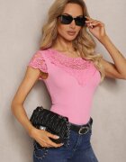 fashion Tricou Roz din Material Reiat cu Mâneci din Dantelă și Decolteu Hlilada