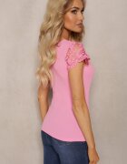 fashion Tricou Roz din Material Reiat cu Mâneci din Dantelă și Decolteu Hlilada