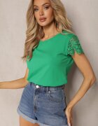 fashion Zielona Bluzka z Bawełny Ozdobiona Koronkowymi Wstawkami i Cekinami Trisenia