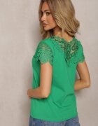 fashion Zielona Bluzka z Bawełny Ozdobiona Koronkowymi Wstawkami i Cekinami Trisenia