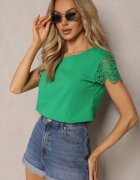 fashion Zielona Bluzka z Bawełny Ozdobiona Koronkowymi Wstawkami i Cekinami Trisenia