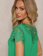 fashion Zielona Bluzka z Bawełny Ozdobiona Koronkowymi Wstawkami i Cekinami Trisenia