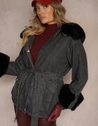flamode Geacă Jeans Negru-Gri cu blană detașabilă și glugă cu o curea suplimentară Tarwena