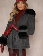 flamode Geacă Jeans Negru-Gri cu blană detașabilă și glugă cu o curea suplimentară Tarwena