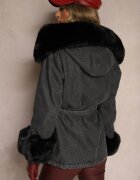 flamode Geacă Jeans Negru-Gri cu blană detașabilă și glugă cu o curea suplimentară Tarwena