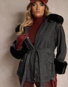 flamode Geacă Jeans Negru-Gri cu blană detașabilă și glugă cu o curea suplimentară Tarwena