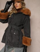 flamode Jachetă Neagră din Denim cu blană detașabilă și glugă cu o curea suplimentară Tarwena