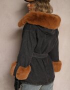 flamode Jachetă Neagră din Denim cu blană detașabilă și glugă cu o curea suplimentară Tarwena