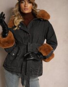 flamode Jachetă Neagră din Denim cu blană detașabilă și glugă cu o curea suplimentară Tarwena