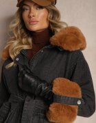 flamode Jachetă Neagră din Denim cu blană detașabilă și glugă cu o curea suplimentară Tarwena