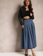  Fustă Bleumarin Cloș Denim cu Curea cu Cataramă Varnie