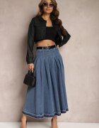  Fustă Bleumarin Cloș Denim cu Curea cu Cataramă Varnie