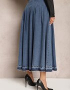  Fustă Bleumarin Cloș Denim cu Curea cu Cataramă Varnie