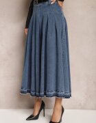  Fustă Bleumarin Cloș Denim cu Curea cu Cataramă Varnie