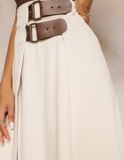  Fustă evazată midi evazată bej deschis cu elastic în talie și curele din imitație de piele Helemisia