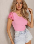 g-dz fashion Bluză reiată roză cu paiete și inserții din dantelă Thaleni